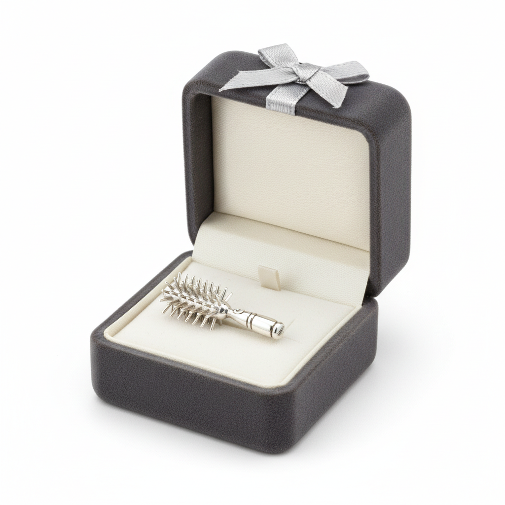 Sterling silver blow dry brush charm in a gift box