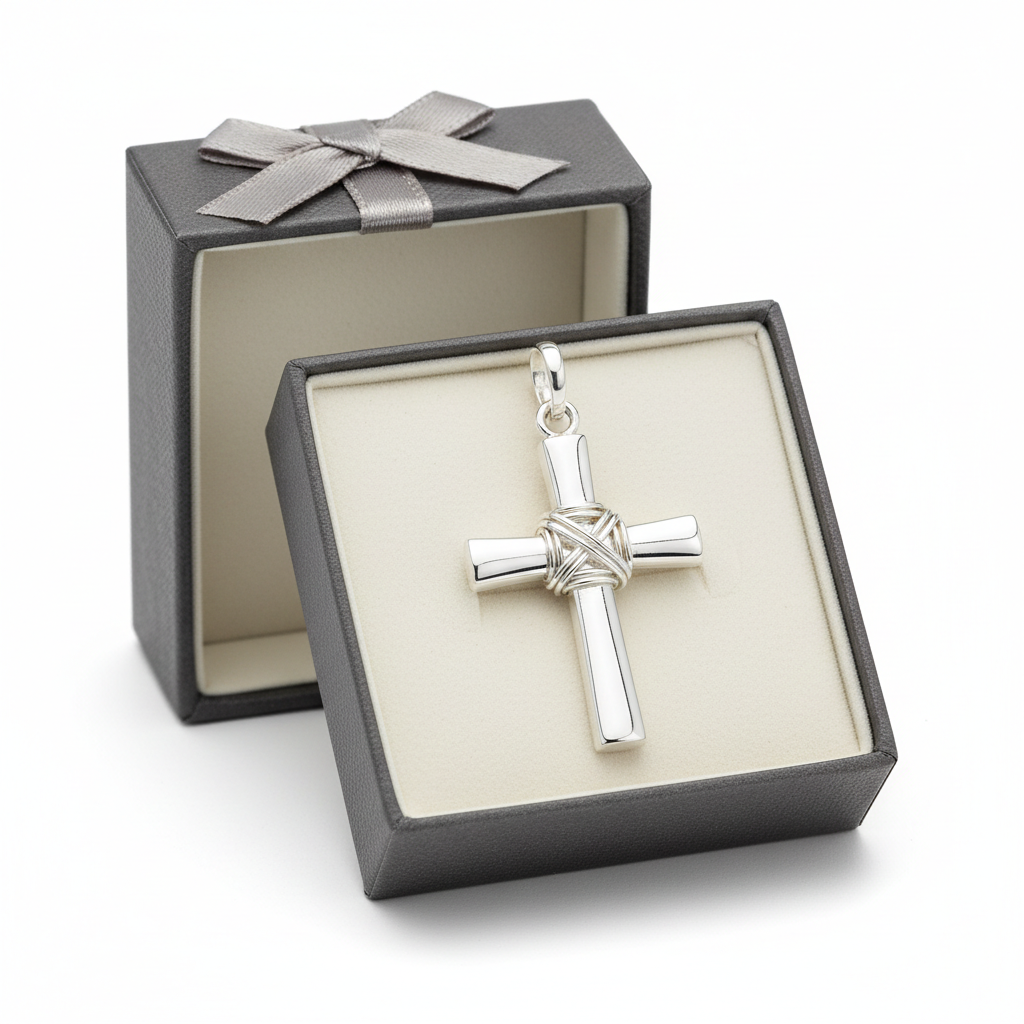 925 sterling silver cross wire tied charm in a gift box