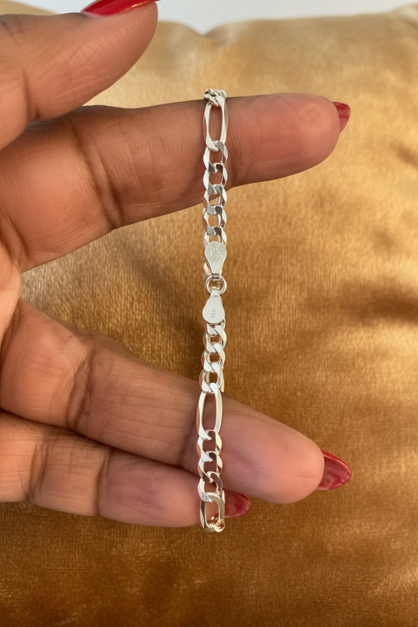 Silver chain bracelet being worn on a finger against a Velvet Carmel textured background