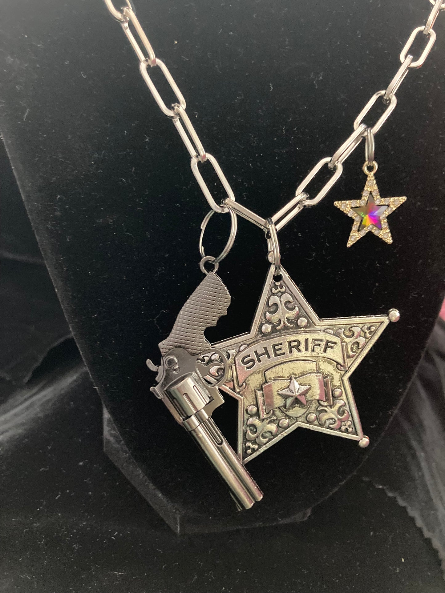 Silver-Plated Sheriff Badge Gun and Star charms on Chunky Bicycle Link Necklace