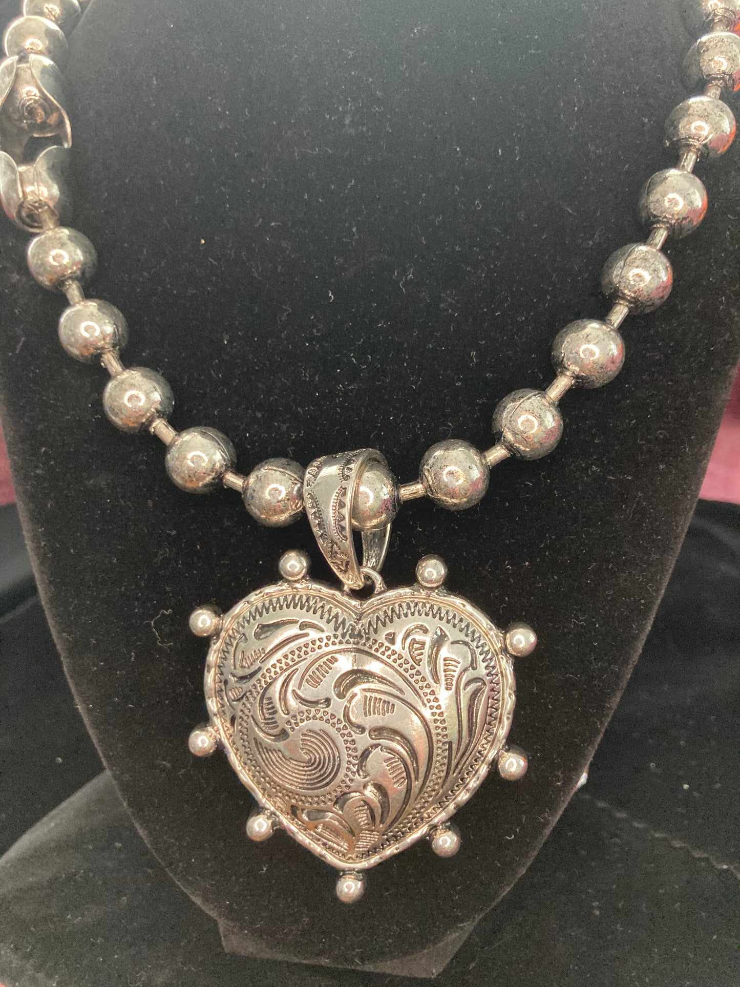 Silver-Plated Paisley like Heart Medallion on Chunky Beaded Necklace Style 1 etched and Style 2 Blinged