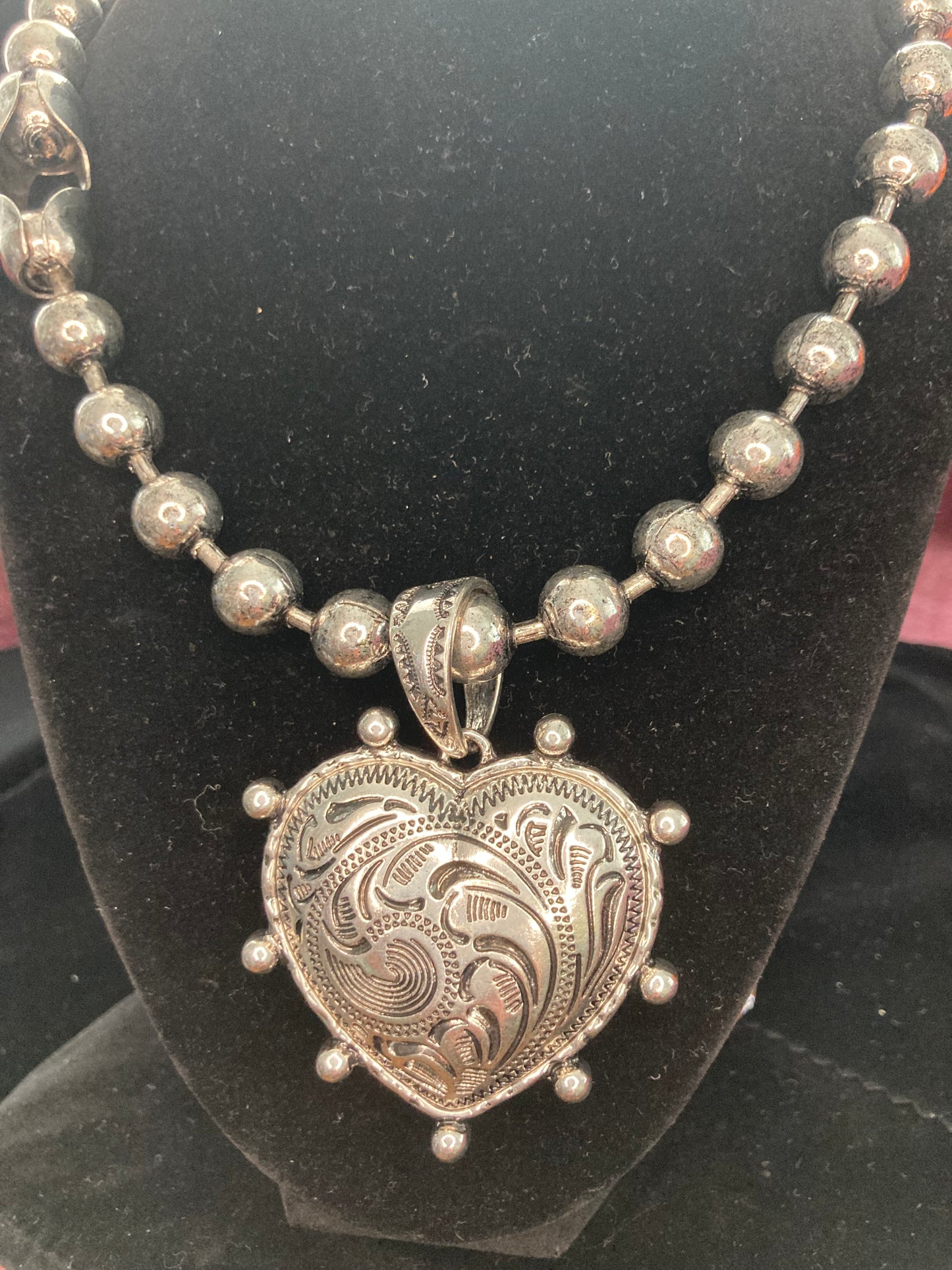 Silver-Plated Paisley like Heart Medallion on Chunky Beaded Necklace Style 1 etched and Style 2 Blinged