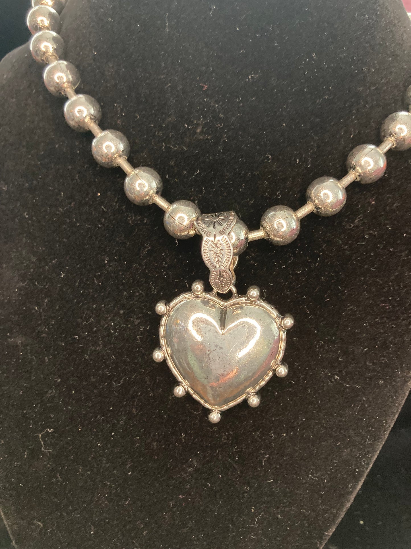 Silver-Plated Paisley like Heart Medallion on Chunky Beaded Necklace Style 1 etched and Style 2 Blinged