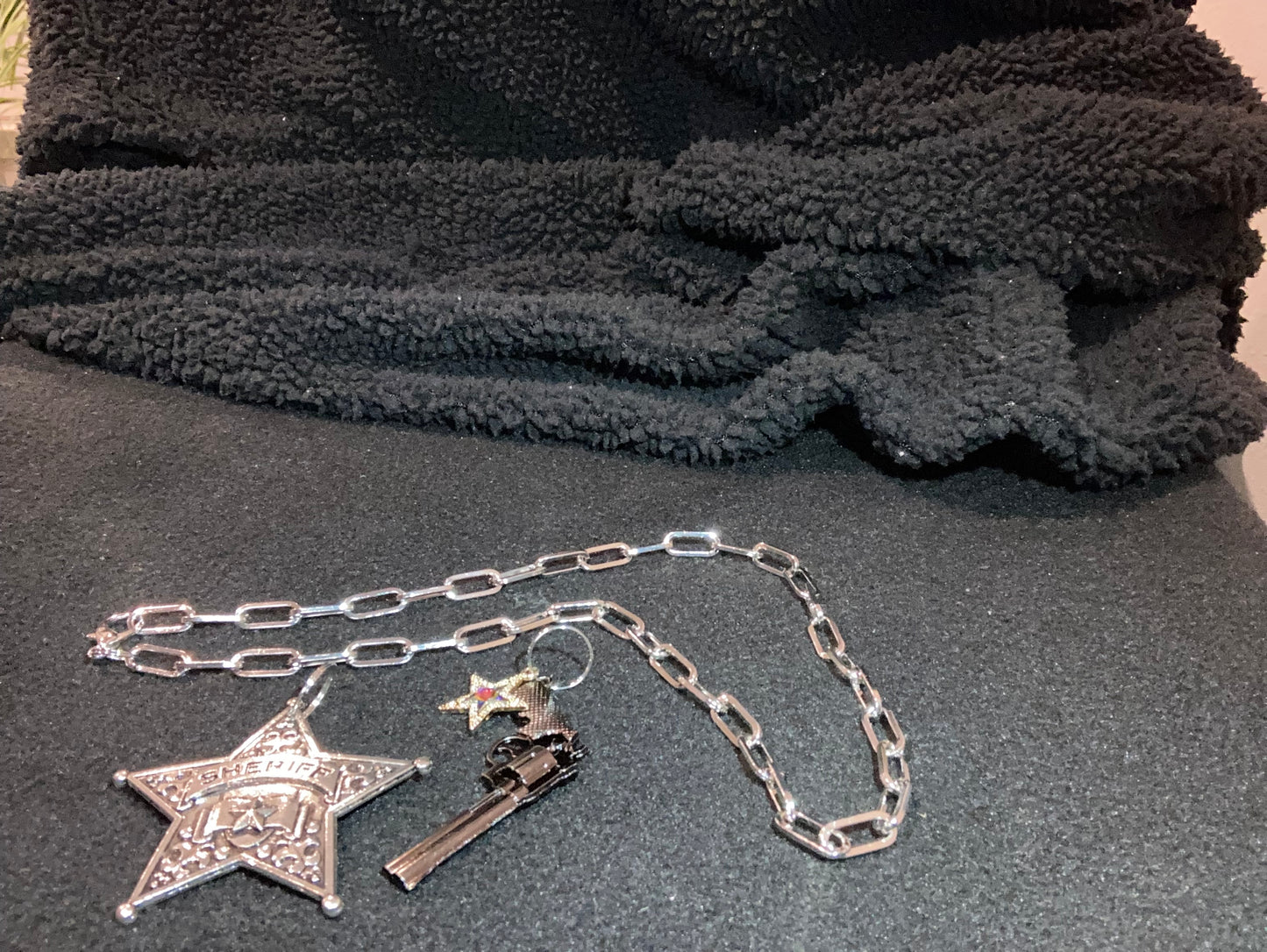 Silver-Plated chain paperclip style with charms of gun star and badge