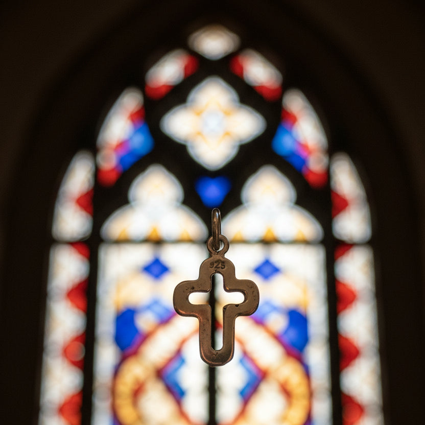 Small silver cross charm on a light background