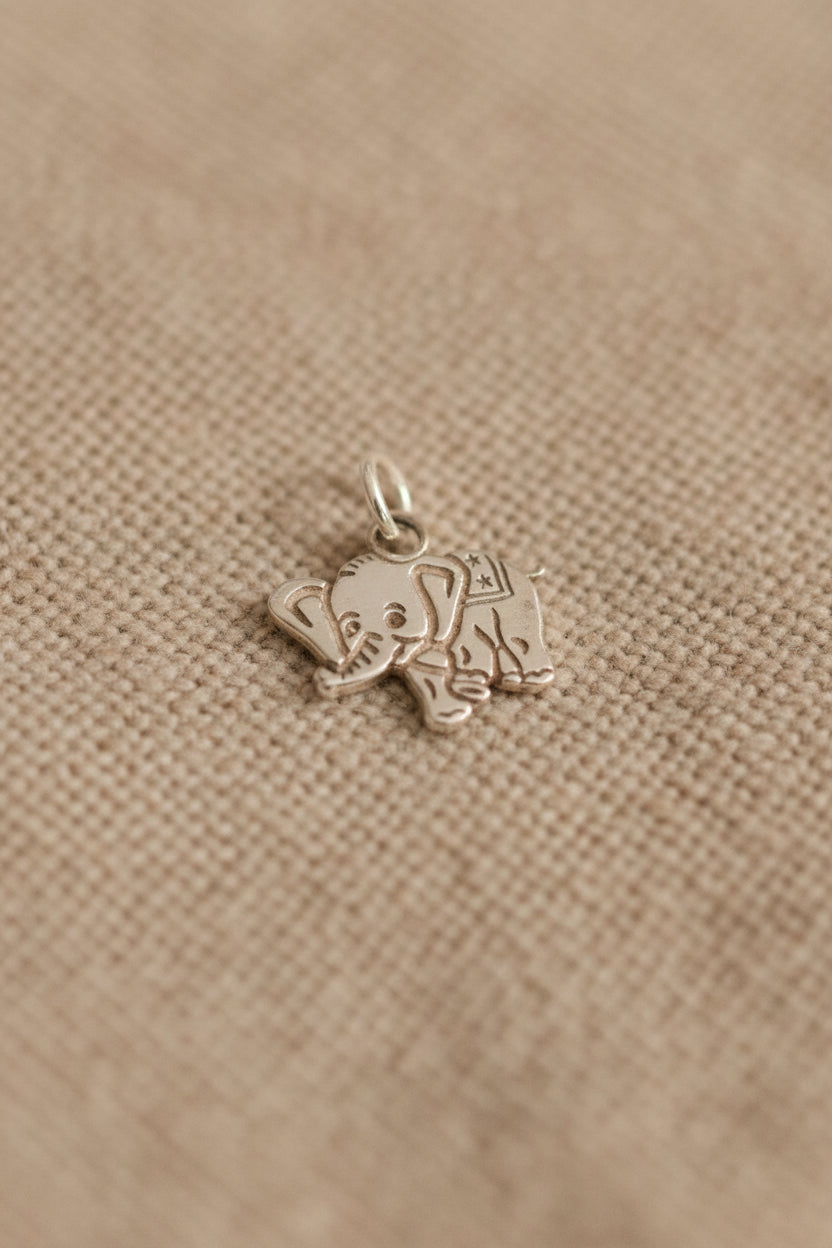 Silver elephant charm on a black background