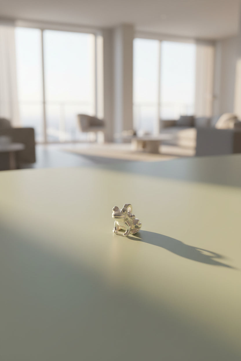 Small  Silver Frog Charm on a green surface