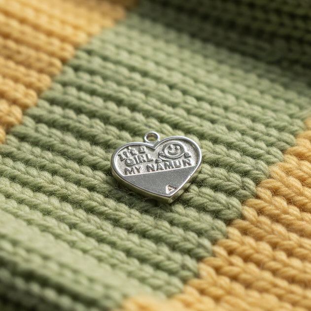 Heart-shaped charm with engraved text on a yellow and green background