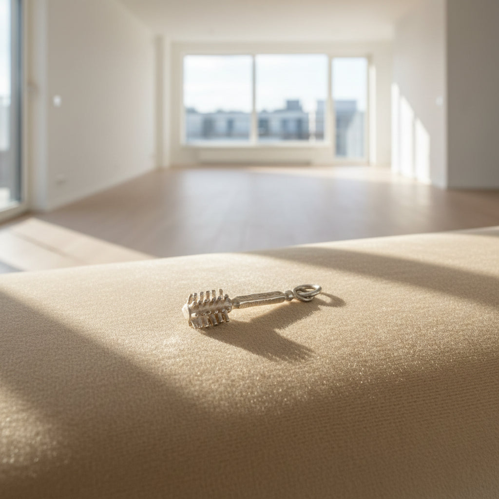 Silver hairbrush charm on a beige fabric background