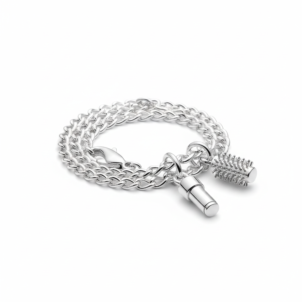 Sterling silver blow dry brush charm on a bracelet