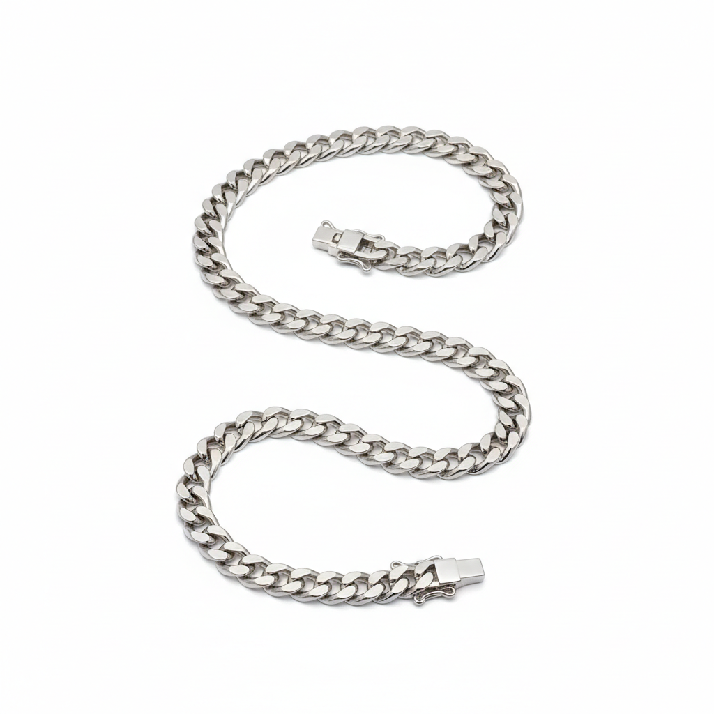 925 sterling silver Cuban link necklace flat lay on white background