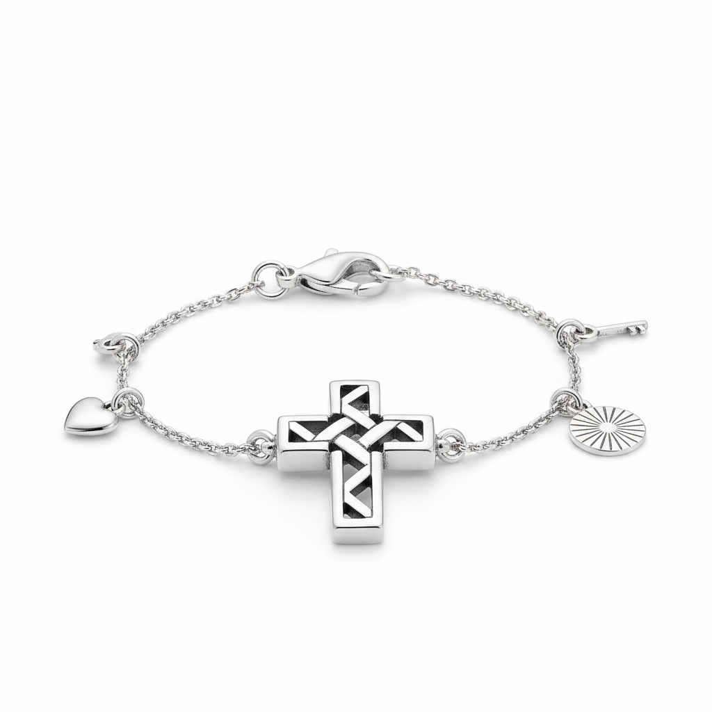 925 sterling silver double cross charm with cut-out detail on a bracelet