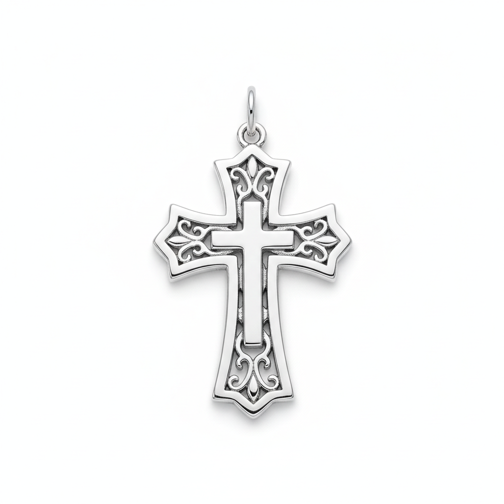 925 sterling silver double cross charm with cut-out detail flat lay on white background