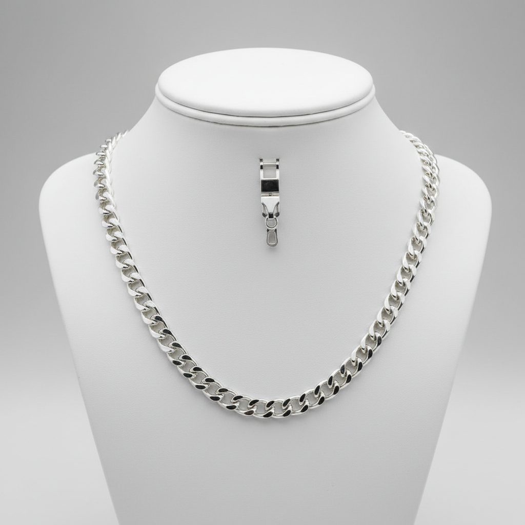 925 sterling silver Cuban link necklace on jewelry display stand