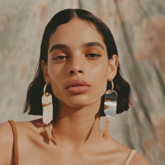 Woman wearing large hoop earrings with a blurred background