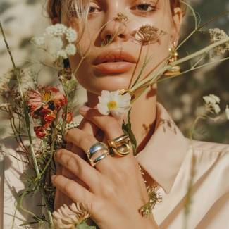 Woman holding flowers showing rings